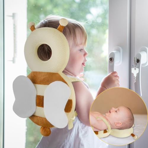 Vicloon Baby Kopfschutz, Verstellbare Schutzkissen Baby, Atmungsaktive Baby Head Schutzpolster für Kinder 4-24 Monate, Einstellbare Säugling Kissen Rucksack mit Knieschützer (Beige Biene)