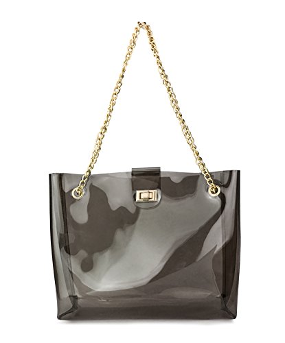 Multifunction Clear Chain Tote with Turn Lock Womens Shoulder Handbag (Smoke Gray)