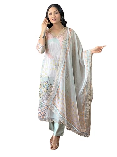 Naixa Women's Pista Organza Embroidered Straight Kurta with Rayon Pant and Organza Laced Dupatta Sets (NX-453-Pista-XL)