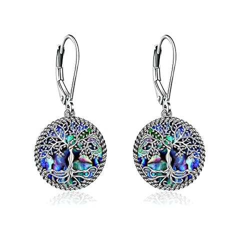 ONEFINITY Tree of Life Earrings Sterling Silver Leverback Tree of Life Abalone Shell Dangle Drop Earrings for Women Girls Jewelry Gifts Cover