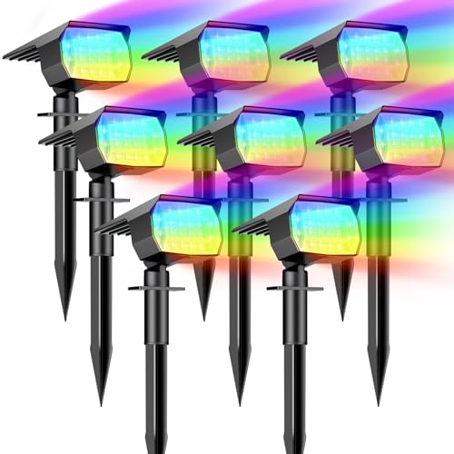 btfarm Luces Solares LED Exterior Jardin [8 Paquete/72LED], Focos LED Exterior Solares Potente Impermeable IP65 Lampara Luz Solar Exterior Iluminacion para Suelo Exteriores, RGB