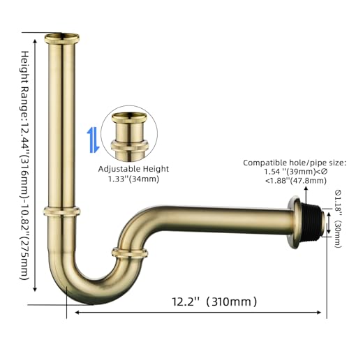 GORDEE Bathroom Basin Sink Bottle P Trap, Brass U-Shape 1-1/4 inch Slip Inlet Drain, Lavatory Adjustable Height Sink Waste Drain P-Trap Kit, Pls Measure ur Sink Hole Size Before Order, Brushed Gold by GORDEE - Used condition - Image 3
