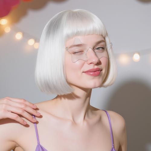 Image of ANOGOL White Bob Wig with Bangs Short White Wigs for Women Funny Costume | Hair Cap+ Sunglasses Short Neon Wig for Bachelorette Party Funny Wigs for Women Halloween Costume Night Club Crazy Hair Day