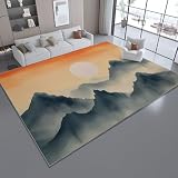 Alfombra Salón 180 x 250 cm Suave Antideslizante Paisaje de Estilo Chino con concepción artística Dormitorio, Comedor Pasillo Alfombra Rectangular Lavable a máquina Naranja y Azul