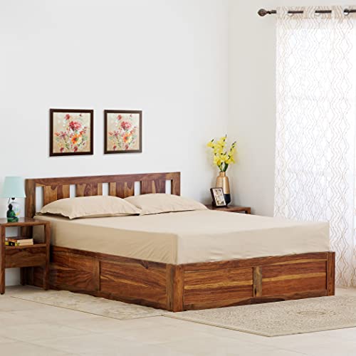 Home Centre Helios Pico Sheesham Wood Queen Bed with Box Storage - Brown