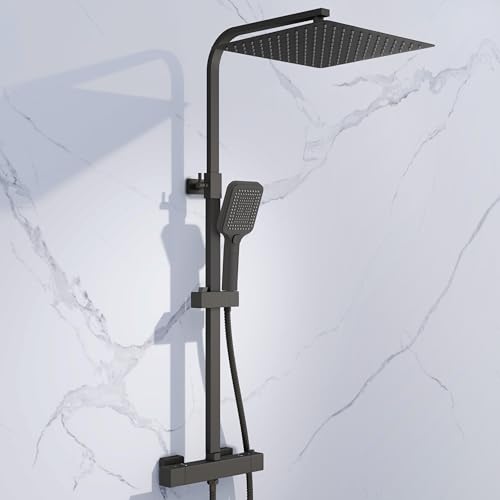 Simple Bathroom Thermostatic Shower Mixer Set with 12 Square Rainfall Shower Head(304 Stainless Steel) 3 Modes Handheld Shower Anti-Leak Hose Anti-Scald Easy Install(Matt Black)