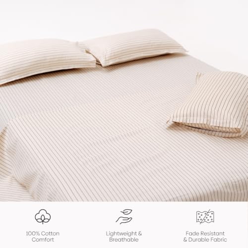 Image of Haus & Kinder Double Bed Bedsheet 90 x 100 | 186 TC Pure Cotton Bed Sheet Double Bed with 2 Pillow Covers | Queen Size Bed Sheet | Sumi Stripe Ink
