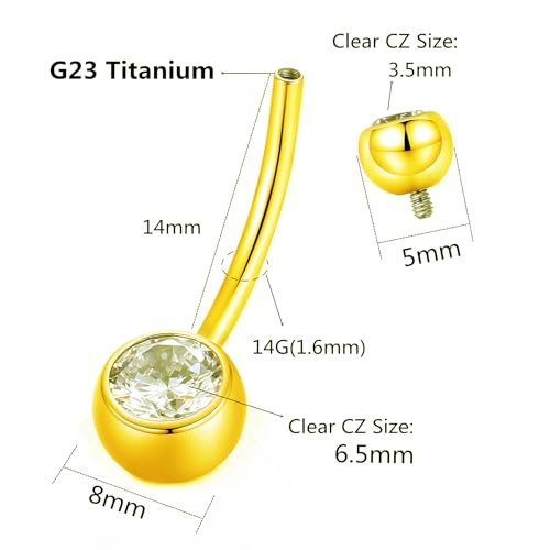 Orangelove G23 Titanium Belly Button Ring Cz Round Cubic Zirconia Internally Threaded Belly Button Navel Piercing Ring Gold 14G 14Mm Belly Body Piercings Barbell Jewelry Navel Ring For Women Men thumb #1
