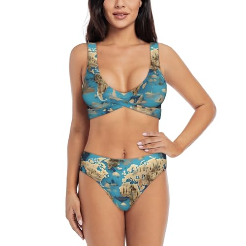 Maillot de bain 2 pièces femme contrôle du ventre imprimé mappemonde