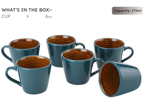 Image of Bodhi House Handcrafted Ceramic Tea Cup Set of 6 Pieces (175 Ml), Stoneware Coffee Mug, Microwave Safe Small Tea Cup, Glossy Finish, Ideal for Daily use, Casual Gatherings and Gifting, Cyan