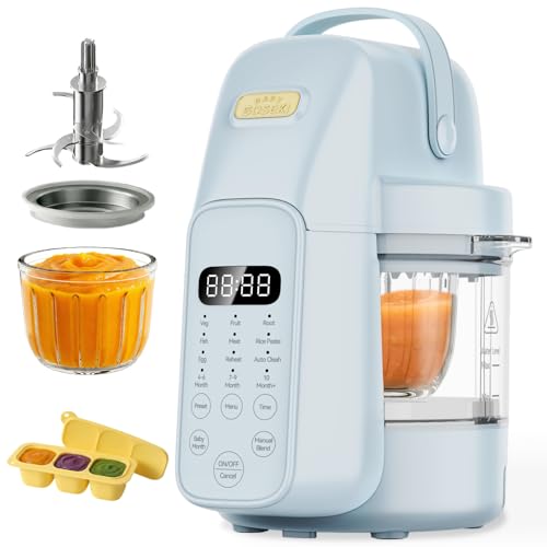 SosekiBaby Tutto Baby Food Maker with Glass Bowl One Step Baby Blender-Food Processor and Steamer Puree Grinder 316L Stainless Steel Blades Auto Cooking & Easy Cleaning-BPA-Free Blue