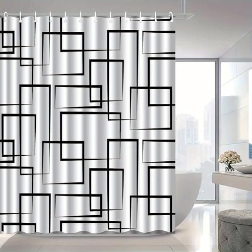 Rideau de douche minimaliste à lignes noires et blanches, design géométrique chic - 2
