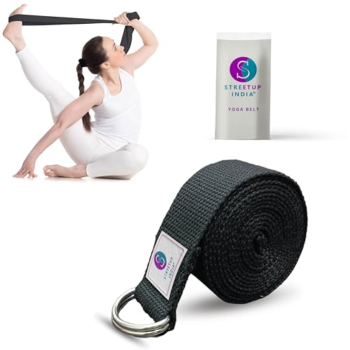 Streetup India® Yoga Belt/Strap 6 Feet For Stretching, Yoga, Pilates, Physical Therapy, Fitness| Pure Cotton (Black)