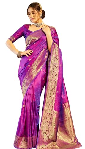 SWORNOF Womens Kanjivaram Banarasi Silk Saree Patola saree (PURPLE)