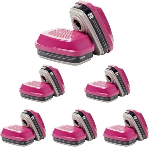 Image of 6 Pairs 60921 Filter Cartridges for Respirator Mask, Gas Mask Filter Compatible with 6200,6800,7502, 7503 Masks, Anti Dust Gas Organic Vapor Particle Chemical (Pink,6 Pairs)