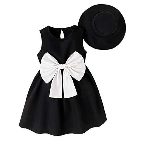 Toddler Girls Sleeveless Black Dress Bowknot Princess Dress Kids Elegant Dress with Hat Outfits