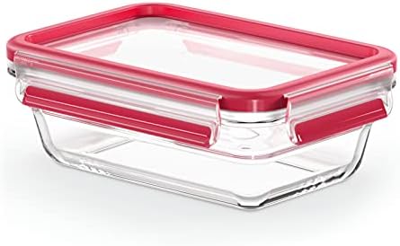EMSA Clip & Close Glas Frischhaltedosen-Set, rechteckig, 0,7 L, 19,7 x 13,6 x 7 cm, 100 Prozent dicht, Glasbehälter spülmaschinen-, gefrier-, backofen-, mikrowellenfest, Rot, Trans