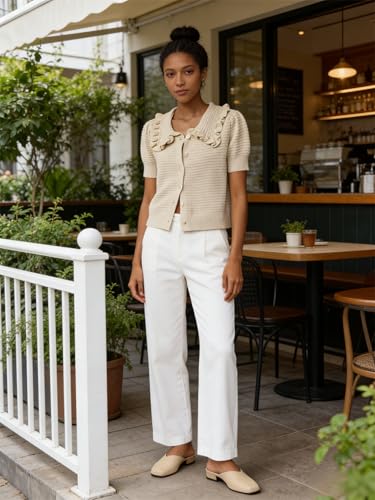 Image of VAOYIU Women's Ruffle Collar Knit Cardigan Short Sleeve Button Down Sweater Top Vintage Cropped Ribbed Summer Outerwear