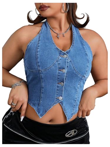 OYOANGLE Women's Plus Size Button Front Halter Denim Tops Y2K Open Back Crop Jean Vest