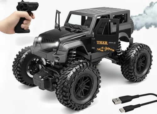 Image of Brand Conquer Remote Control Off Road Car for Kids, Rechargeable Thar Toy with Mist Spray, Openable Doors, Front LED, Shock Absorbers, 2WD, Mobile Connect, USB-C Port & 75ft Range (Thar Black)