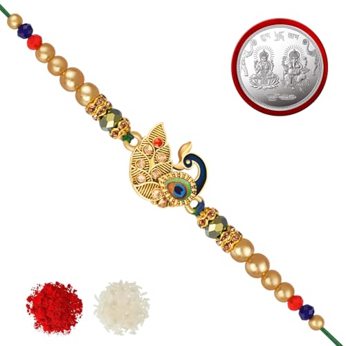 Image of Designer Rakhi (Pack of 1) | 1 Laxmi-Ganesh Coin | Roli-Chawal Pack With Greeting Card | Happy Rakshabandhan | Send Rakhi for Brother /Bhai /Bhaiya /Bhabhi /Kids | Rakhi Gift