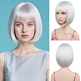Sarannala Silver Bob Wig with Flat Bangs Short 12 Inch Wigs Include Wig Cap Heat Resistant Synthetic Fiber Colorful Wigs for Halloween Costume Party Use (Silver)