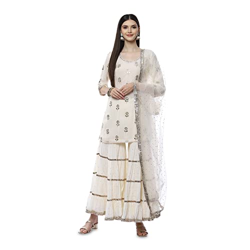 Image of BIBA Women Cotton Straight Embroidered Suit Set