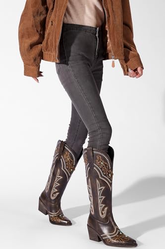 Women's Exquisite Embroidery Western Cowboy Boots with Studs & Emerald Gemstones, Knee High Wide Calf Cowgirl Boots for Fall Fashion2