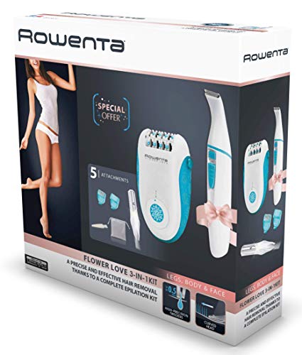 Rowenta Depiladora Flower Love Kit 3 en 1 - EP2853F0-2 velocidades, 24 pinzas, Accesorio para depilación zona bikini con 2 peines (Depiladora + Bolsa Viaje + Pinzas)