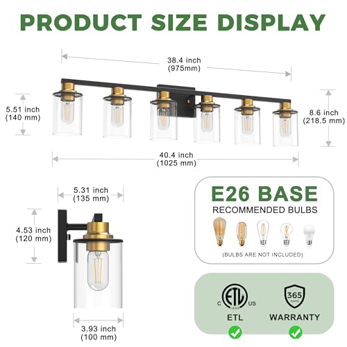 Image of DORESshop 6-Light Black and Gold Bathroom Light Fixture Over Mirror