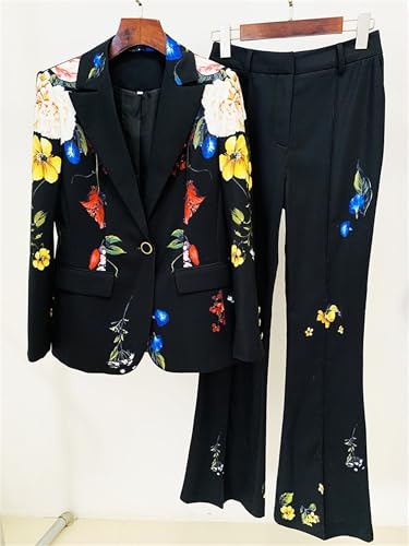 Women's Elegant Suit Flower Printed Single Button Blazer Coat High Waist Long Flare Pants Ladies' Two Pieces Sets2