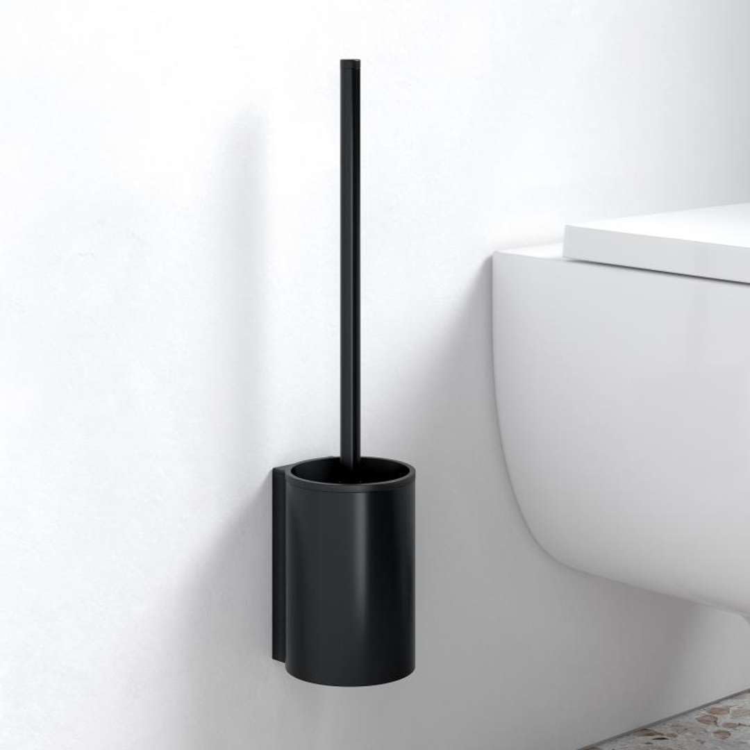 Keuco Plan Juego de cepillos para WC con cubeta y Cepillo, Negro Mate | Made in Germany, incl. tornillos y tacos, portacepillos con cepillo para WC