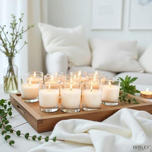 Image of Hosley 20-Pack White Unscented Votive Candles in Clear Glass Holders Hand Poured Wax for Timeless Elegance and Versatile Decor Illuminate Every Moment