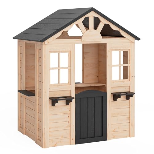 Outdoor Kids Playhouse, Toddler Playhouse Wooden for Kids Ages 3-10, with Sink, Stove, Flower Pot Holders, Phone, Kitchen with Food Kitchenware Tableware