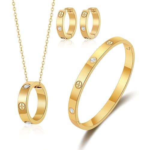 sineed Love Bracelet Earring Necklace Set for Women 18K Gold Plated Trendy Stainless Steel Luxury...