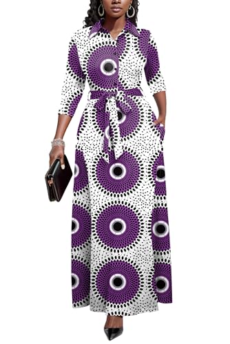 Image of Runwind Women Church Maxi Dresses 3 /4 Sleeve Button Down Print Casual Office Dress African