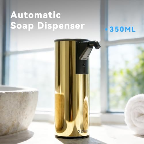 Image of Automatic Soap Dispenser Touchless 11.8oz /350ml Stainless Steel Material | 4-Level Adjustable Dispenser Volume，Battery Powered for Wide Compatibility in Kitchen, Bathroom, Hotel & Office (Gold)