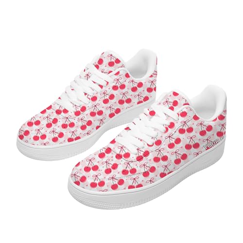 Unique Custom Name Low-Top Sneakers for Womens, Personalized Cute Cherry Print Casual Everyday Walking Comfortable Outdoor Shoes, White Fashion Sneakers for Women4
