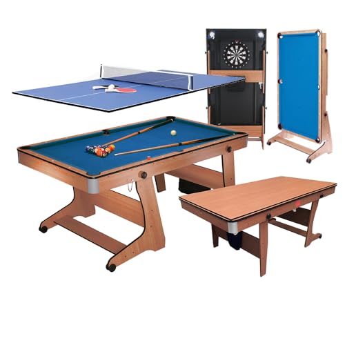 BCE Mesa de billar plegable 3 en 1 de 6 pies con tablero de tenis de mesa y tablero de dardos de punta suave con escritorio, fácil de mover, todos los accesorios incluidos