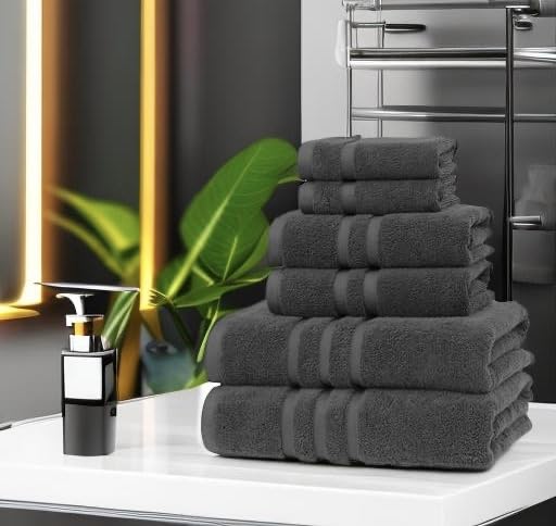 Veteran Textile LLC - 6 Pieces-100% Turkish Cotton - Luxury Towel Set for Bathroom & Kitchen, 2 Bath Towels, 2 Hand Towels & 2 WashCloths (Valued $79.99) (Graphite)
