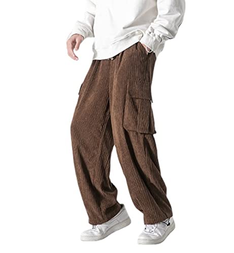 Men's Vintage Baggy Hip Hop Corduroy Cargo Pants Casual Solid Elastic Waist Wide Leg Joggers Sweatpants