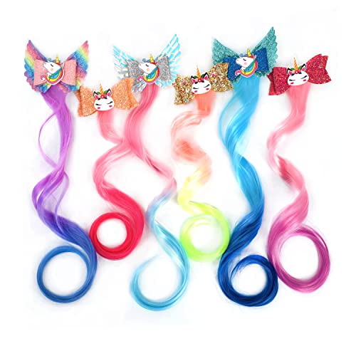 Xuxisowo 6-Colors Unicorn Hair Bows Clips Hair Accessories For Girls Kids Glitter Braided Curly Gradient Color Wig Hair Extensions๏ผ6PCS)
