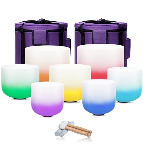 CALM CLANG 432hz Crystal Singing Bowl Healing 6-12inch Set of 7 Aria Gradient for Meditation Yoga Heart Chakra Singing Bowls Heavy Duty Carrying Case Rubber Mallet Suede Striker