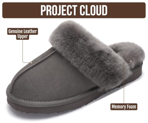 Image of Project Cloud Genuine Leather Slippers for Women with Genuine Fur Lining, Non-Slip Indoor /Outdoor Clog Mule Slippers, Memory Foam Insole