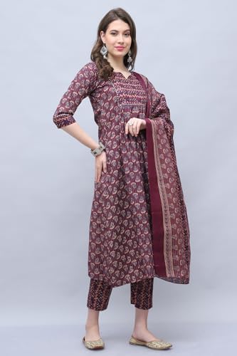 Image of Rajnandini Women's Cotton Blend Jaipuri Printed Kurta Set with Dupatta (JOPLST218-P Wine & Beige P)