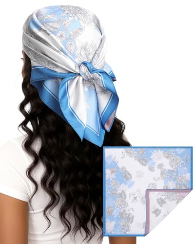 AWAYTR 27.5” Head Scarf for Women - Reversible Like Silk Scarf Satin Hair Bandanas Women Headscarf Head Wrap Sleep Scarf Neck (Reversible - Peony)