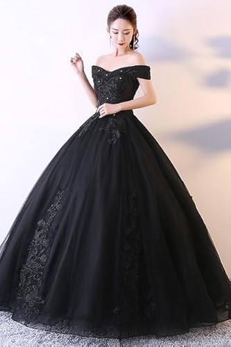 Vestido de Festa Princesa para Debutantes Rendado Ombro a Ombro Aplique em Renda Floral (38, PRETO)