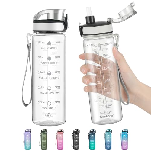 Enerbone Water Bottle, Leakproof BPA & Toxic Free, Motivational Water Bottle with Times to Drink and Straw, Fitness Sports Water Bottle with Strap for Office, Gym, Outdoor Sports