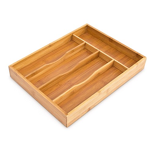 Relaxdays Bandeja para Cubiertos, con 5 Compartimentos de Bambú, 4,5 x 25,5 x 34 cm, Organizador Cocina, Natural