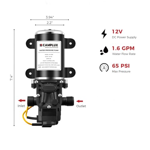 CAMPLUX DC 12V Water Pump, Self-Priming, 1.6 GPM Diaphragm Pump 65 PSI for RV Marine Yacht Camping thumbnail 3